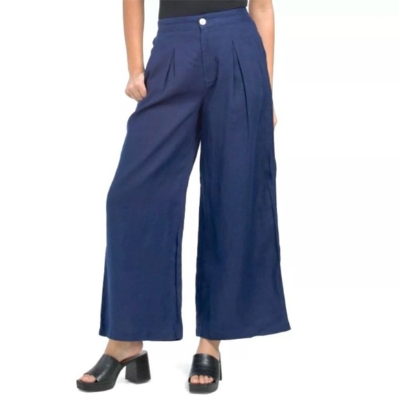 Halston Blue Linen Pleated Wide Leg Ankle Pants Size 6 - Picture 1 of 13